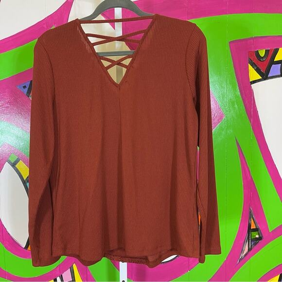 Maurices, Rust Orange Ribbed Lace Strappy Detail Long Sleeve Shirt. Size Large. - Picture 5 of 6